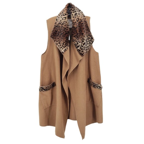 Le Moda Jackets & Blazers - LE MODA nwt Leopard Faux Fur Trim Vest OS Fleece POCKETS Tan Brown Open Front
